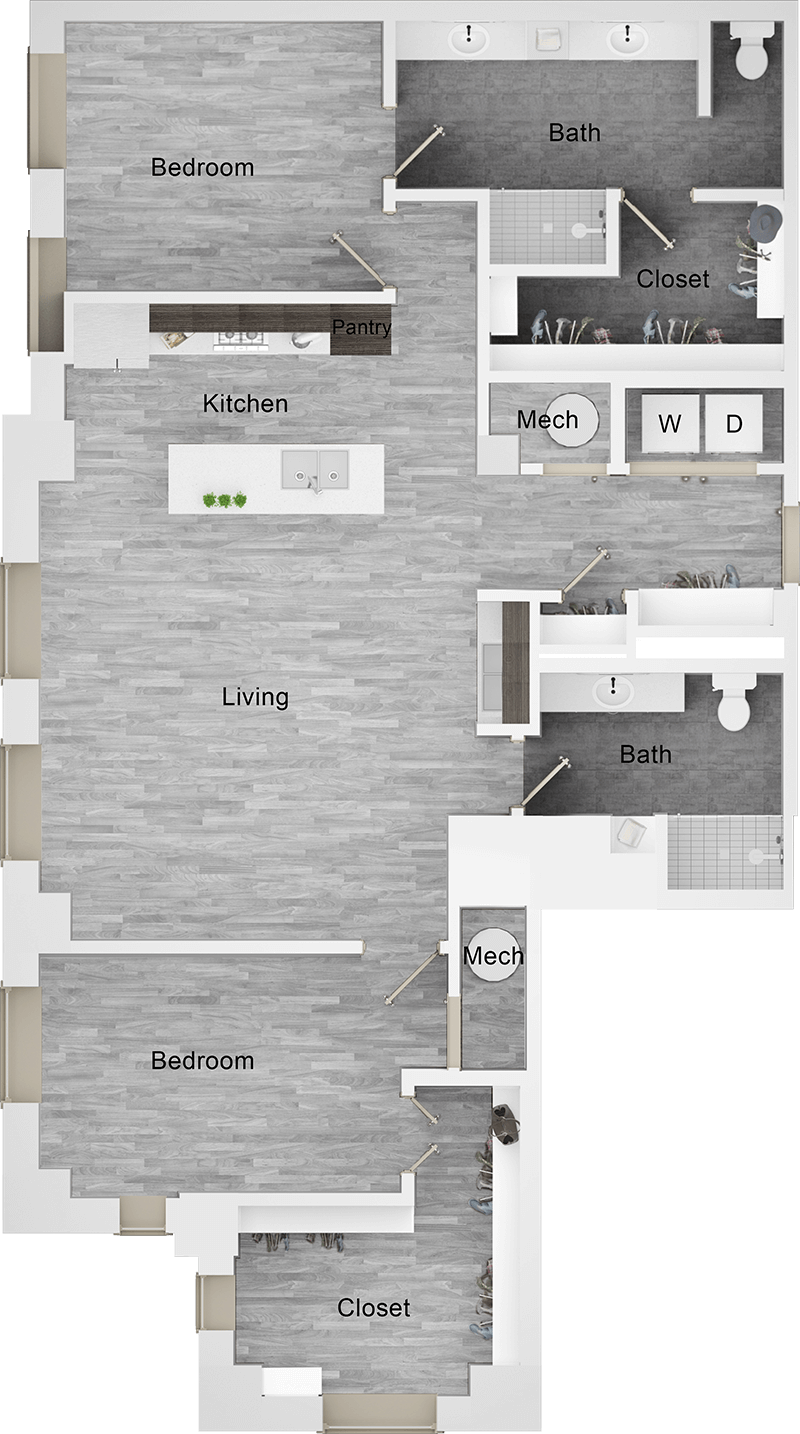 A B10 unit with 2 Bedrooms and 2 Bathrooms with area of 1637 sq. ft