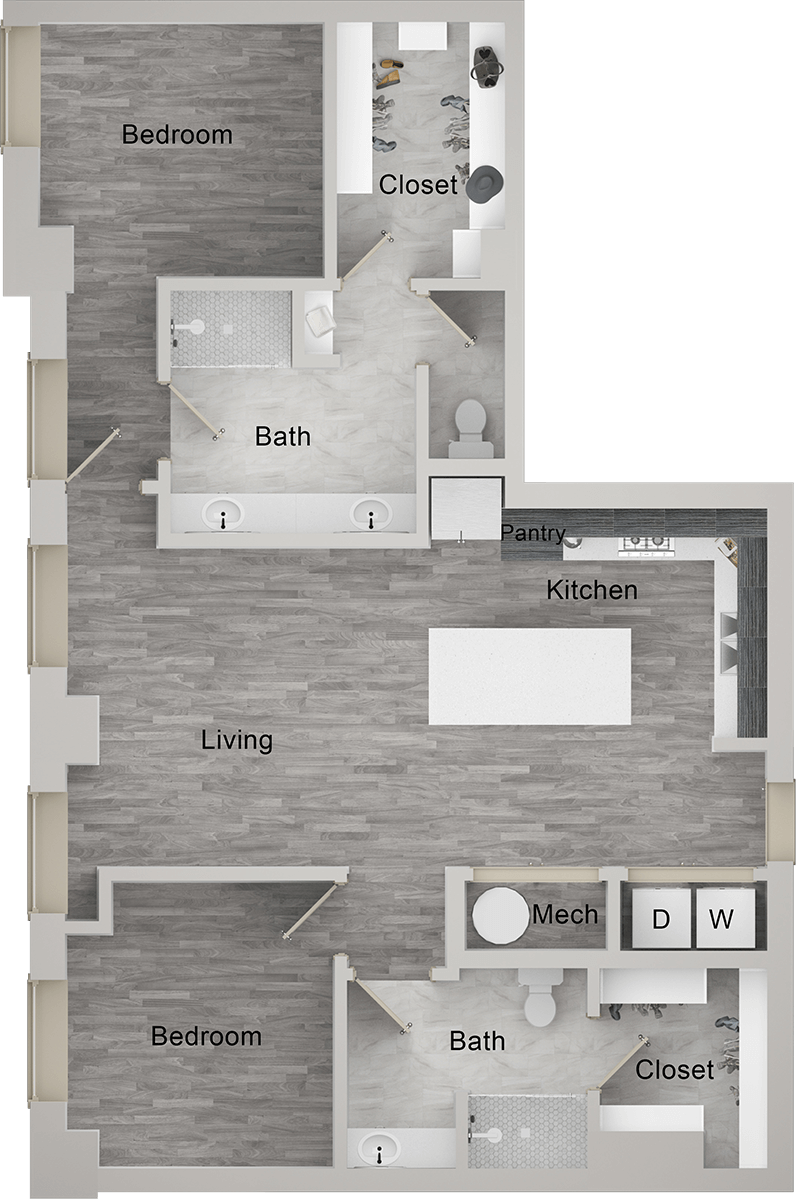 A B2 unit with 2 Bedrooms and 2 Bathrooms with area of 1285 sq. ft