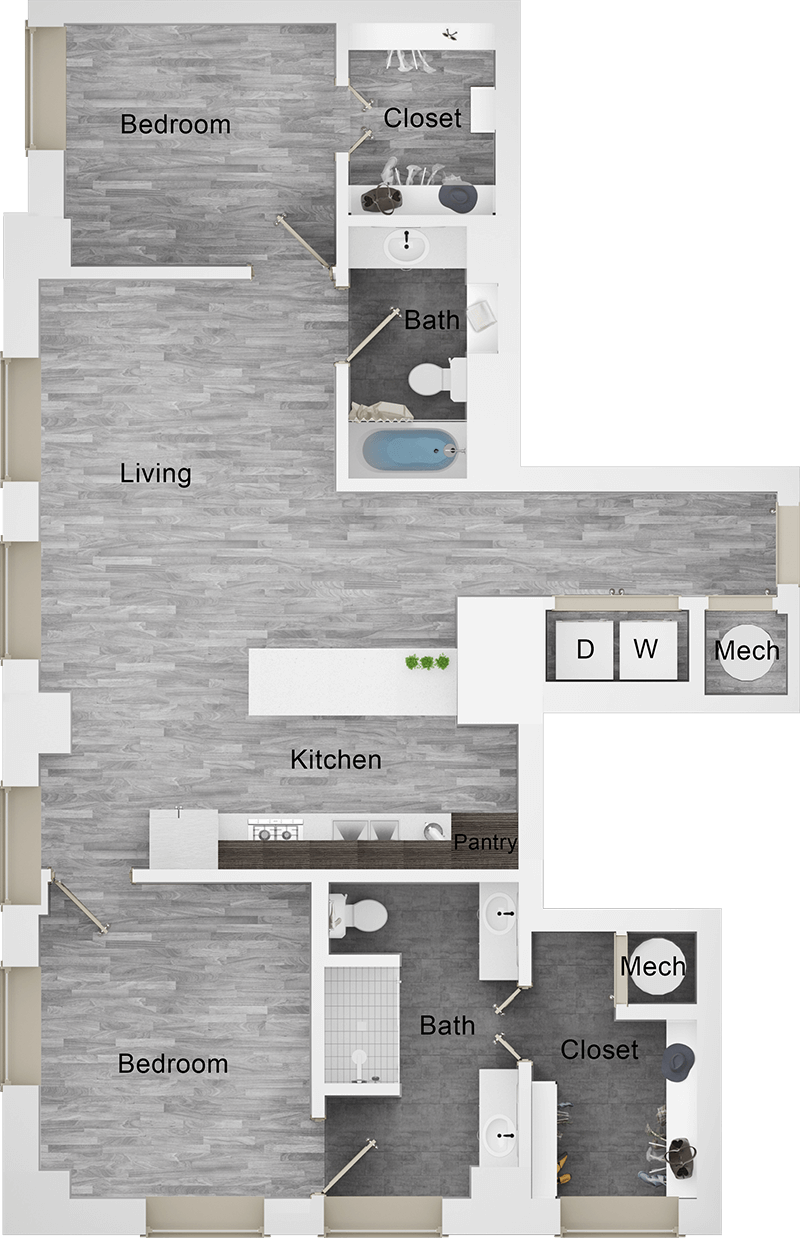 A B3 unit with 2 Bedrooms and 2 Bathrooms with area of 1296 sq. ft