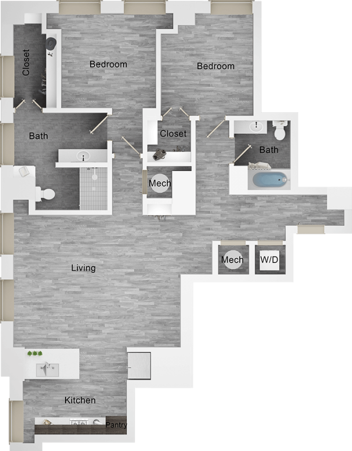 floor plan of a two bedroom apartment at The  First