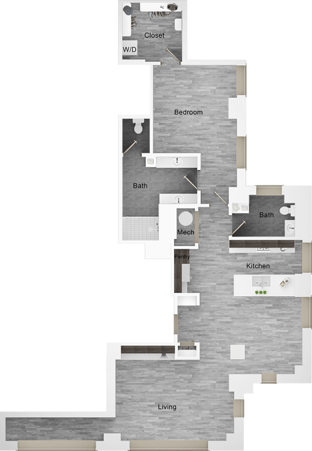 the floor plan of a two bedroom apartment at The  First