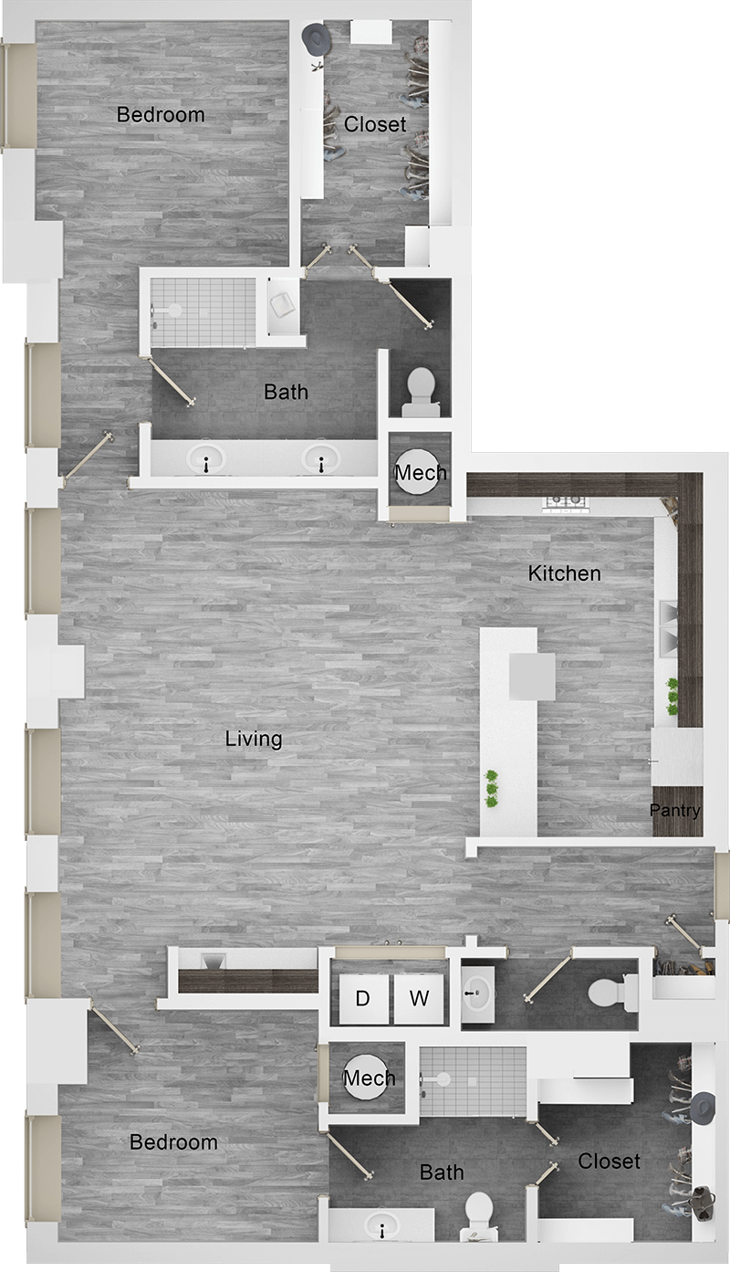 A PH4 unit with 2 Bedrooms and 2 Bathrooms with area of 1606 sq. ft
