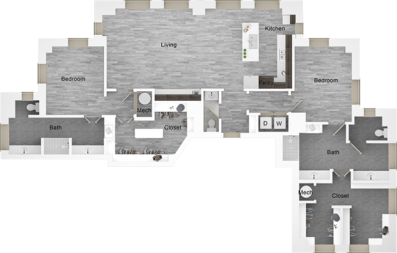 the floor plan of a two bedroom apartment at The  First