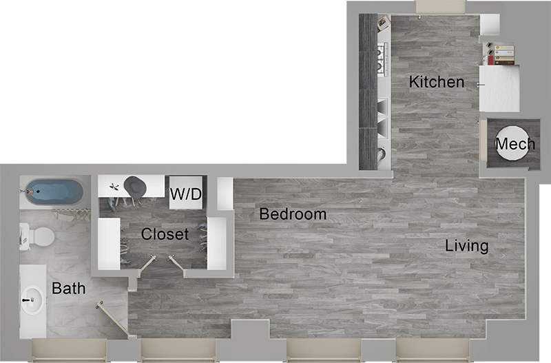floor plan image of the one bedroom apartment at The  First