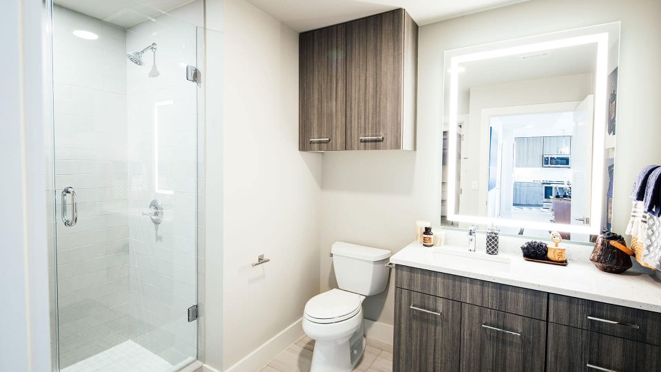 a bathroom with a shower, toilet and sink at The  First